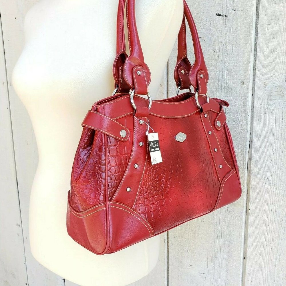 NWT Vieta Red Crocodile Faux Leather Handbag Bag